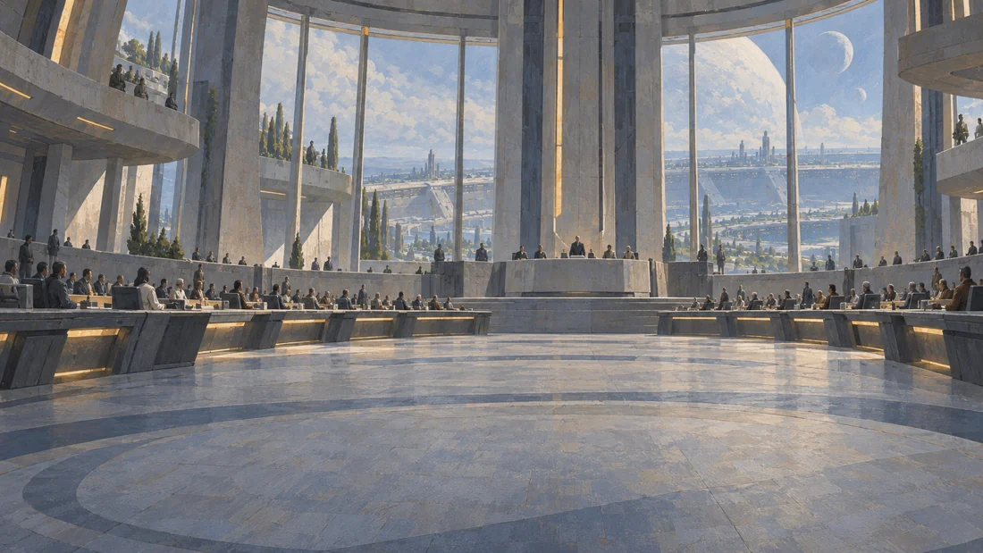 Delegates gather in a monumental chamber overlooking a city beneath a vast planet.