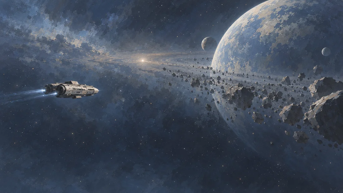 A lone exploration ship travels through an asteroid field toward an unfamiliar planet.