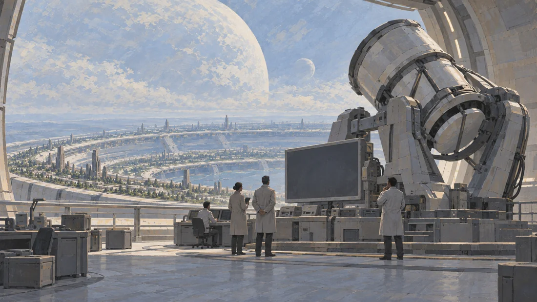 Scientists observe a large research instrument on a terrace overlooking a planetary city.