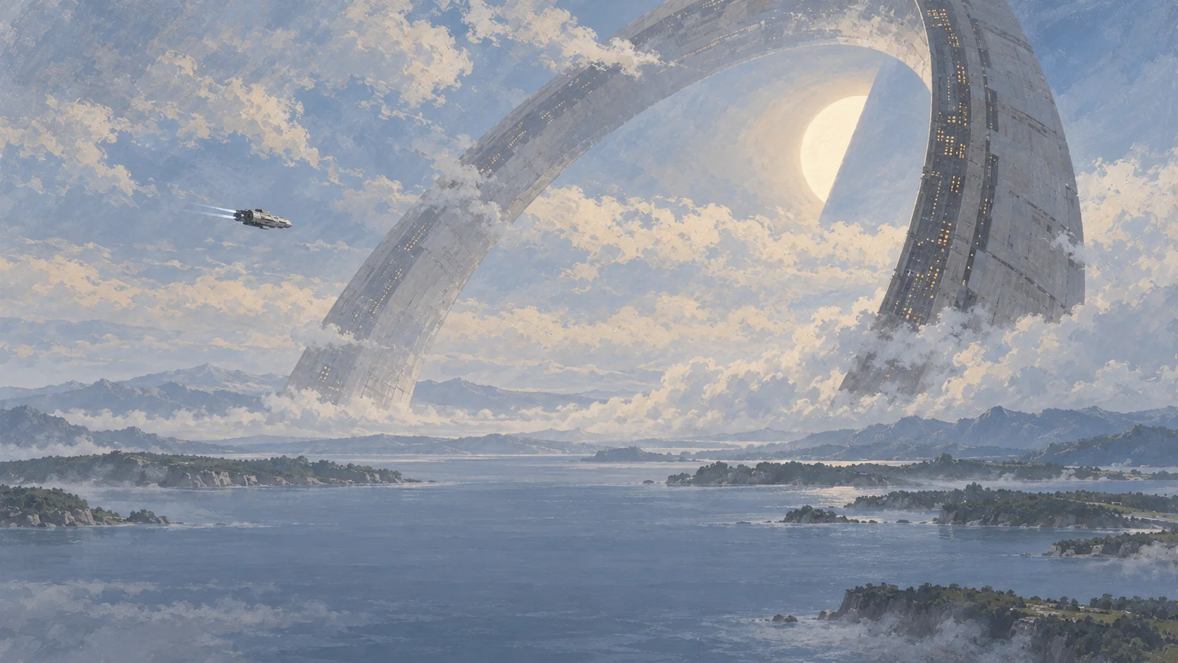 An immense ancient ring emerges from clouds above a quiet sea. A small spacecraft approaches.
